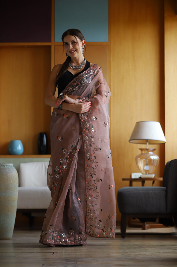 Hand-Embroidered Soft-Brown Pure Organza-Silk Saree with Blouse