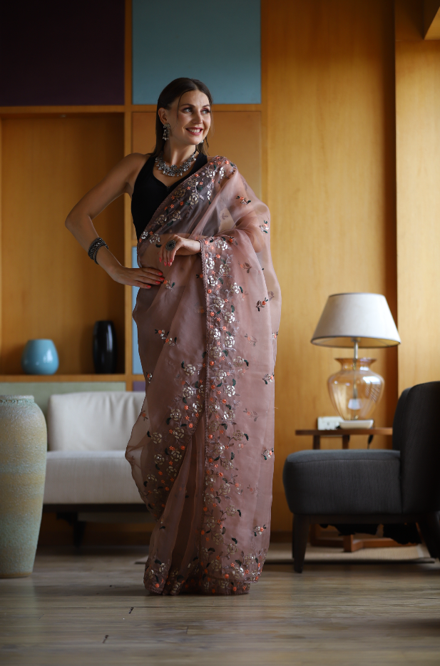 Hand-Embroidered Soft-Brown Pure Organza-Silk Saree with Blouse