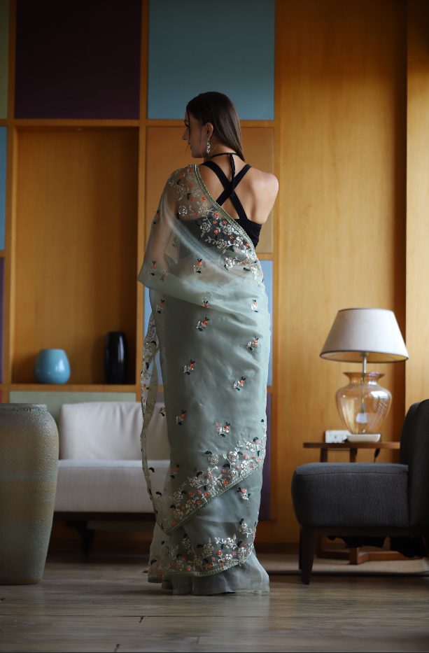 Hand-Embroidered Pista-Green Pure Organza-Silk Saree with Blouse