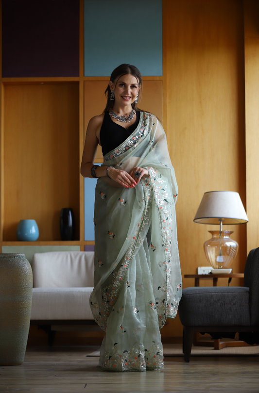 Hand-Embroidered Pista-Green Pure Organza-Silk Saree with Blouse
