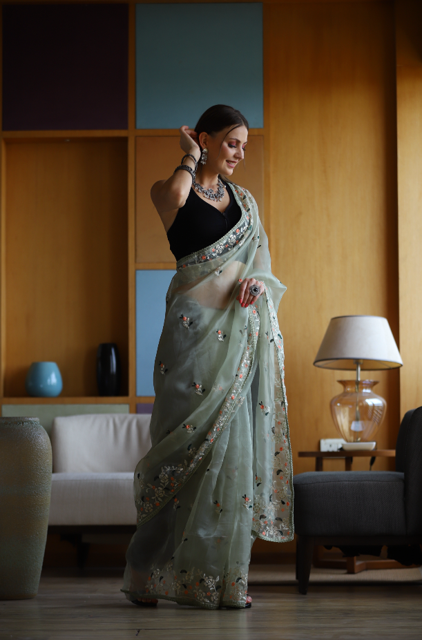 Hand-Embroidered Pista-Green Pure Organza-Silk Saree with Blouse