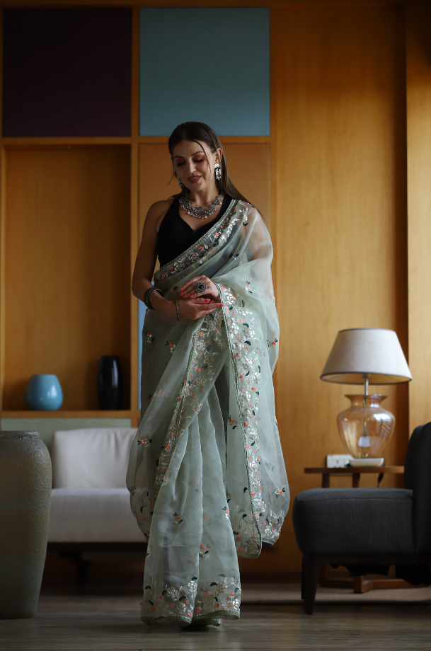 Hand-Embroidered Pista-Green Pure Organza-Silk Saree with Blouse