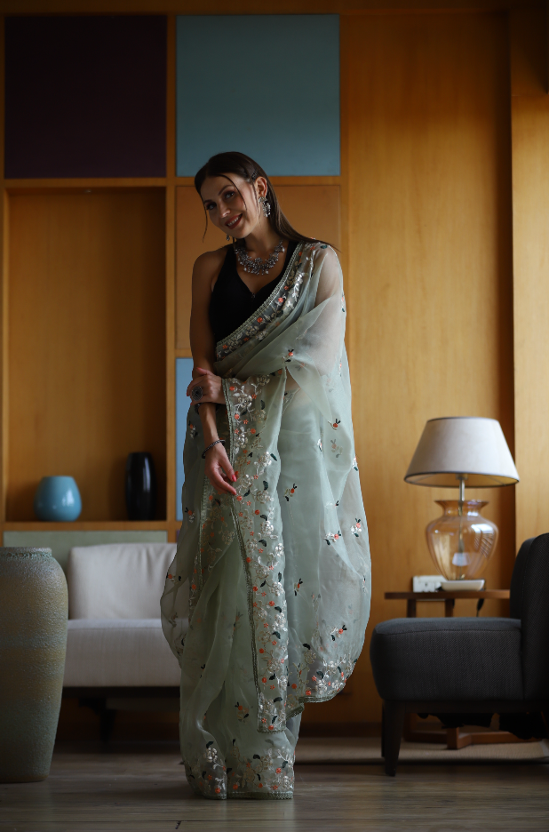 Hand-Embroidered Pista-Green Pure Organza-Silk Saree with Blouse