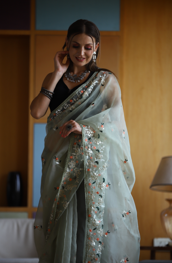 Hand-Embroidered Pista-Green Pure Organza-Silk Saree with Blouse