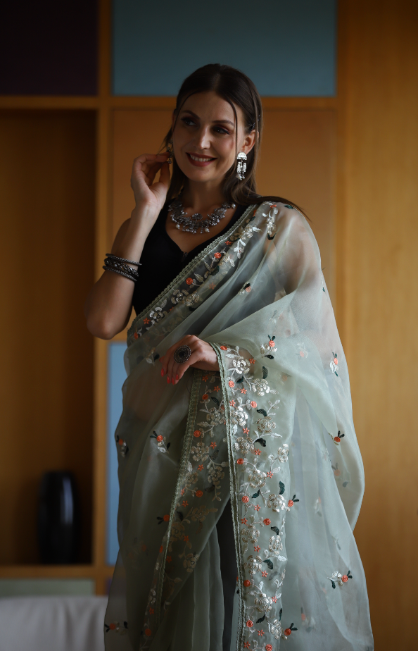 Hand-Embroidered Pista-Green Pure Organza-Silk Saree with Blouse