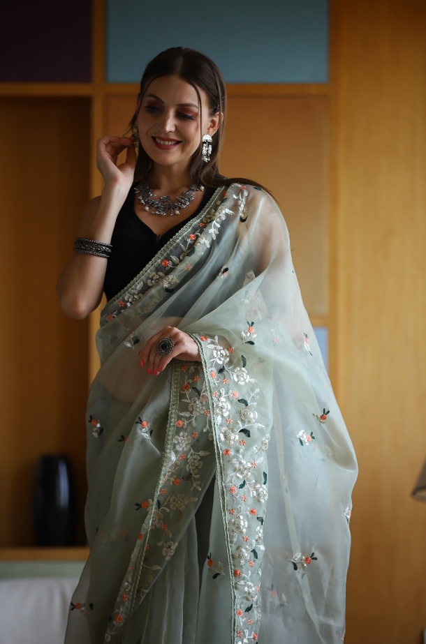 Hand-Embroidered Pista-Green Pure Organza-Silk Saree with Blouse