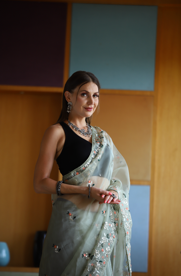 Hand-Embroidered Pista-Green Pure Organza-Silk Saree with Blouse