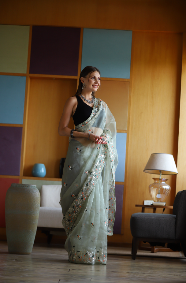 Hand-Embroidered Pista-Green Pure Organza-Silk Saree with Blouse