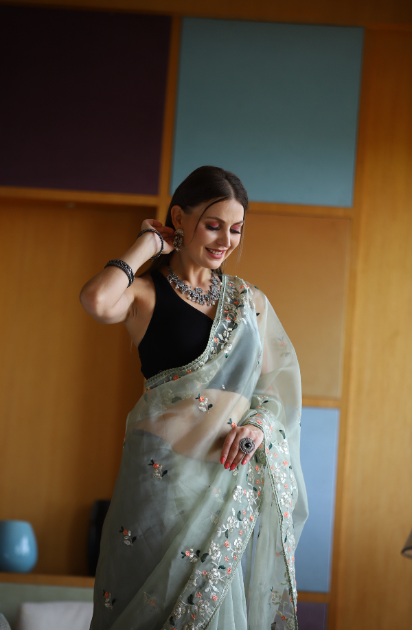 Hand-Embroidered Pista-Green Pure Organza-Silk Saree with Blouse
