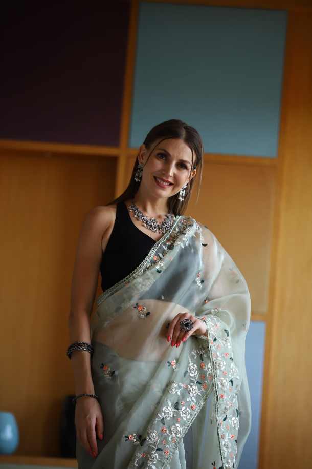 Hand-Embroidered Pista-Green Pure Organza-Silk Saree with Blouse