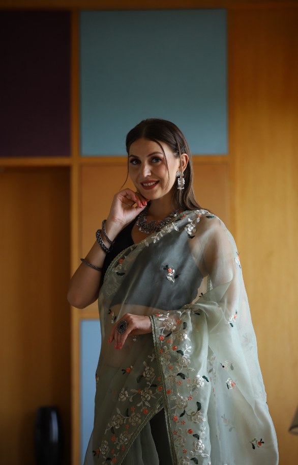 Hand-Embroidered Pista-Green Pure Organza-Silk Saree with Blouse