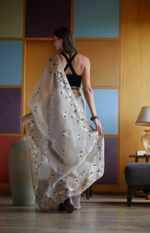 Hand-Embroidered Beige Pure Organza-Silk Saree with Blouse