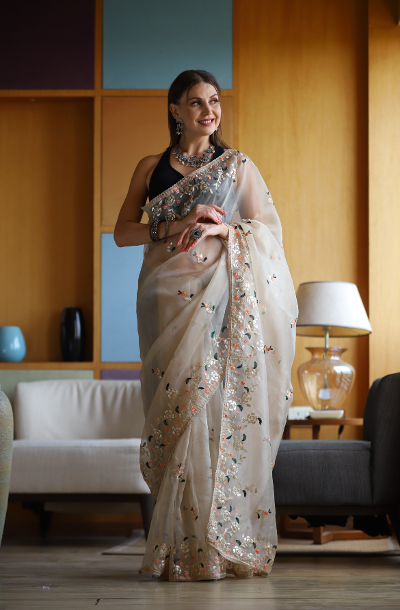 Hand-Embroidered Beige Pure Organza-Silk Saree with Blouse