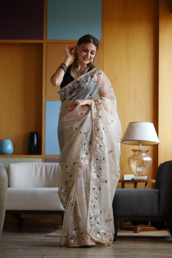 Hand-Embroidered Beige Pure Organza-Silk Saree with Blouse