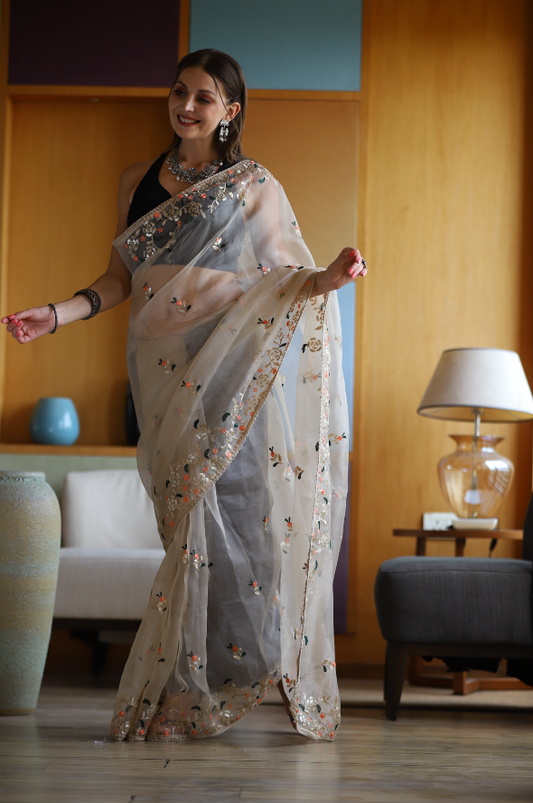 Hand-Embroidered Beige Pure Organza-Silk Saree with Blouse
