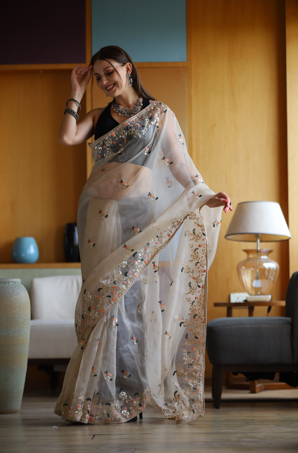 Hand-Embroidered Beige Pure Organza-Silk Saree with Blouse
