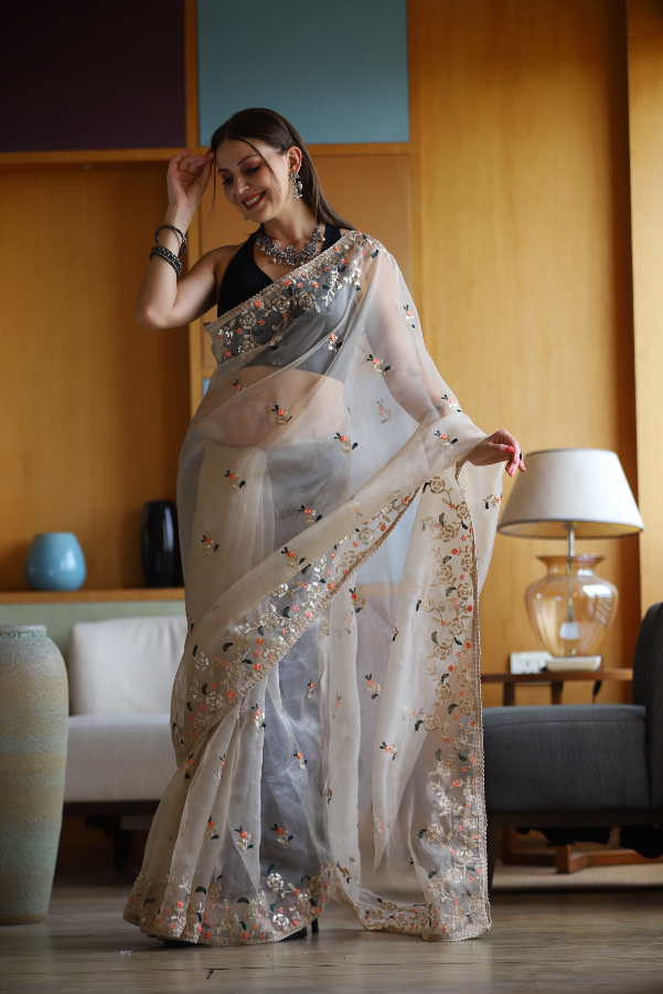 Hand-Embroidered Beige Pure Organza-Silk Saree with Blouse