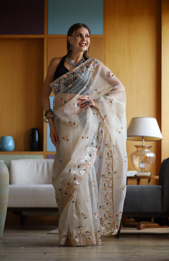 Hand-Embroidered Beige Pure Organza-Silk Saree with Blouse