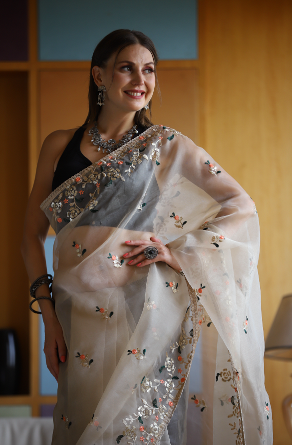 Hand-Embroidered Beige Pure Organza-Silk Saree with Blouse