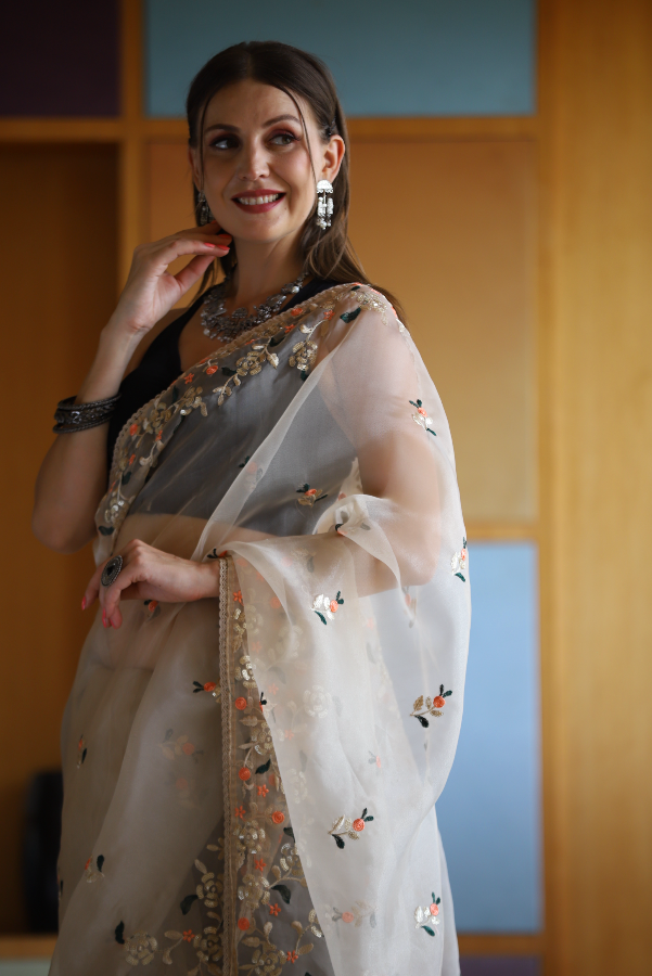 Hand-Embroidered Beige Pure Organza-Silk Saree with Blouse