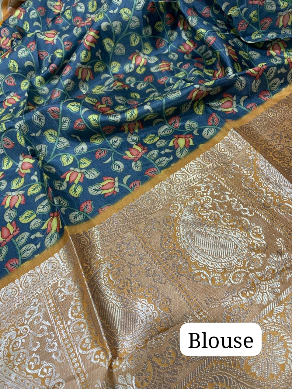 Baby-Blue Pure Tussar-Dola Silk saree with Mustard contrast Zari Border and Tassels paired with Contrast Blouse