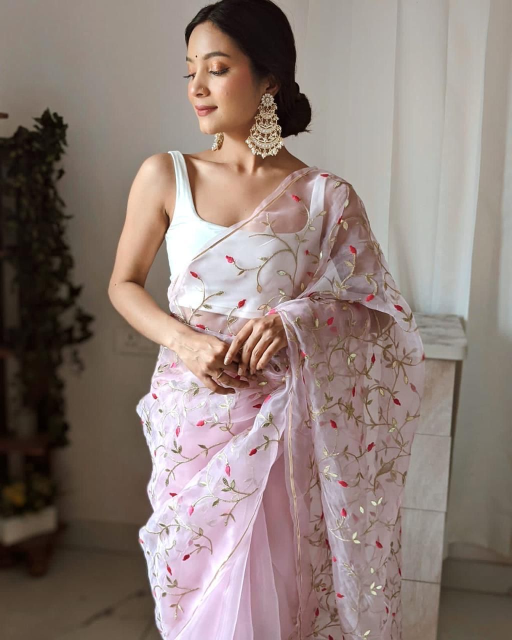 Heavy Hand Embroidered Baby-Pink Pure Organza-Silk saree paired with Satin Blouse