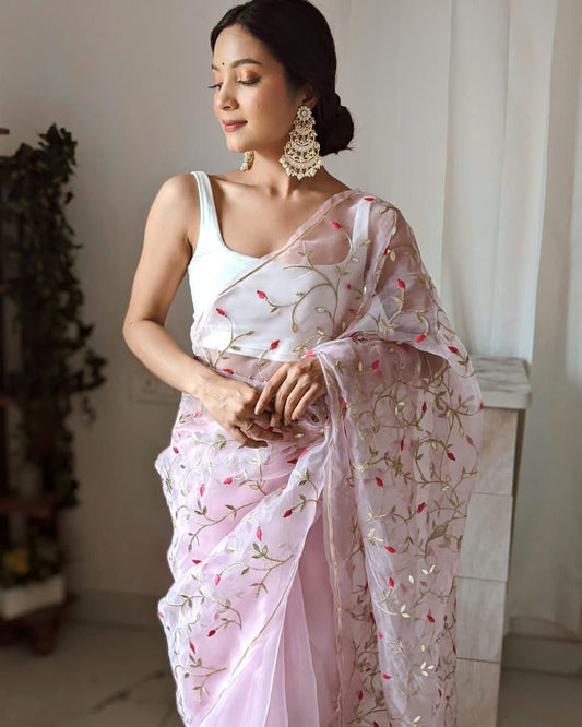 Heavy Hand Embroidered Baby-Pink Pure Organza-Silk saree paired with Satin Blouse