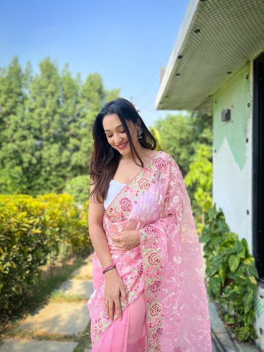 Hand-Embroidered Baby-Pink Pure Organza Silk Saree