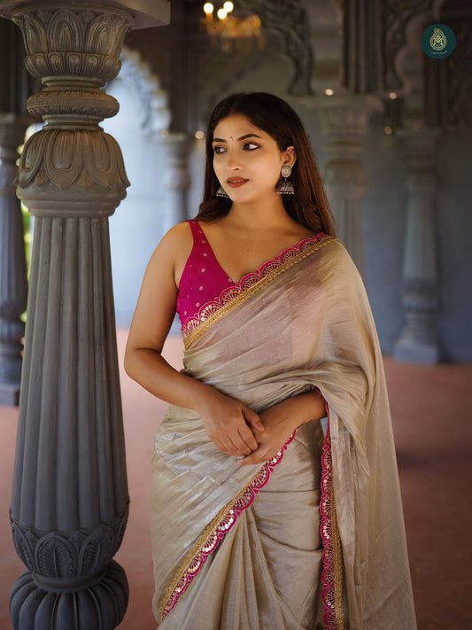 Beige Pure Tussar Silk Saree with a Heavy Rani Pink Border and Cut-Work Detailing, Paired with an Embroidered Blouse