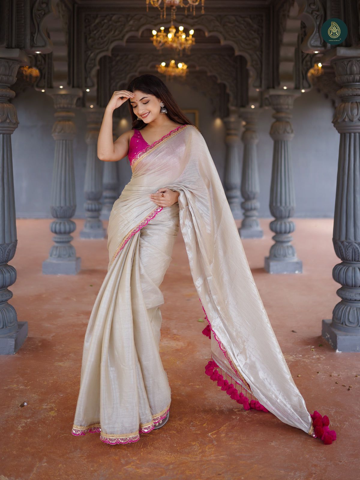 Beige Pure Tussar Silk Saree with a Heavy Rani Pink Border and Cut-Work Detailing, Paired with an Embroidered Blouse