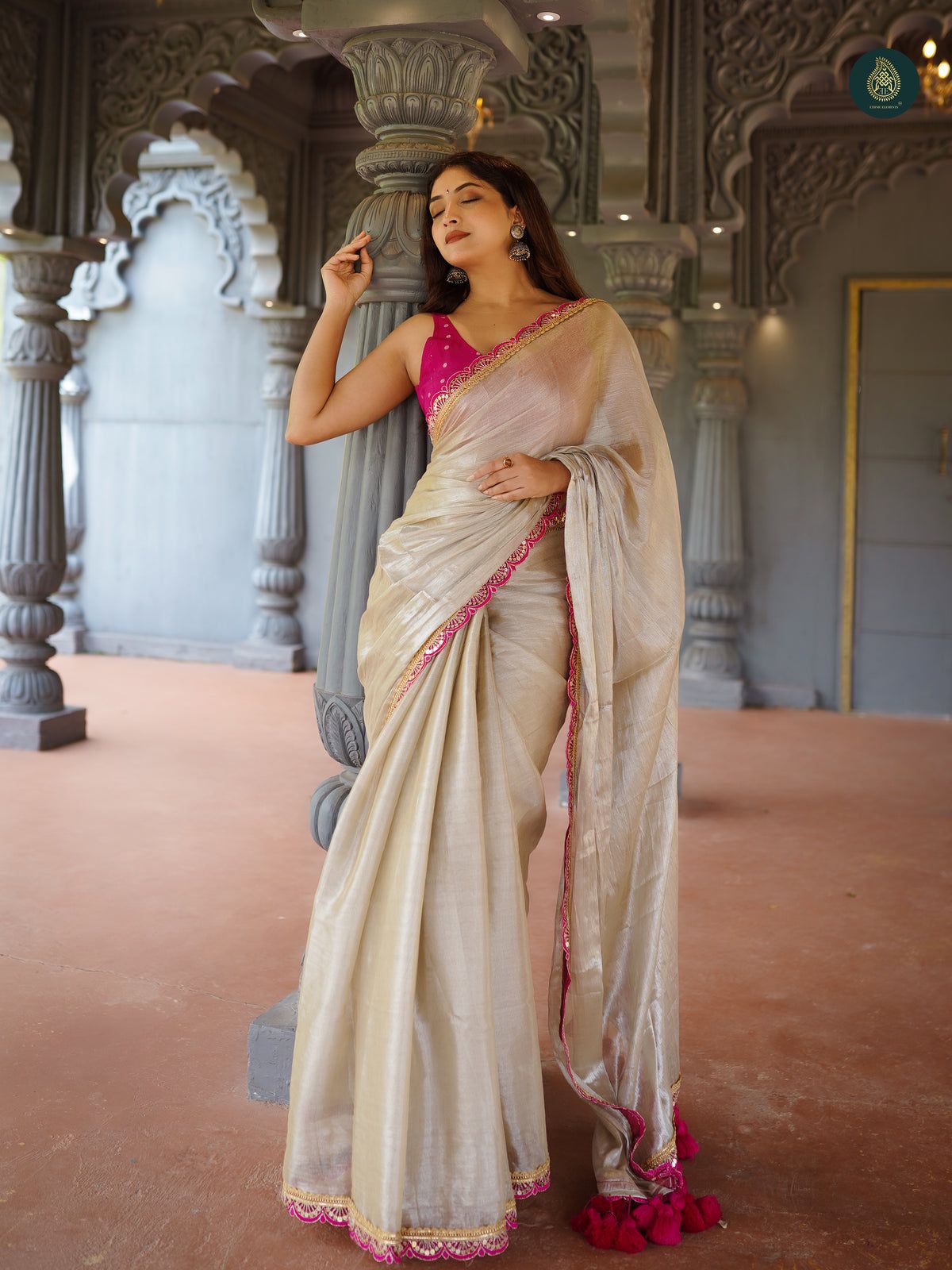 Beige Pure Tussar Silk Saree with a Heavy Rani Pink Border and Cut-Work Detailing, Paired with an Embroidered Blouse
