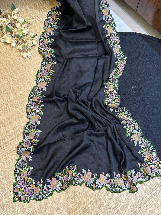 Hand-Embroidered Deep-BlackPure Tussar Silk Saree with Blouse