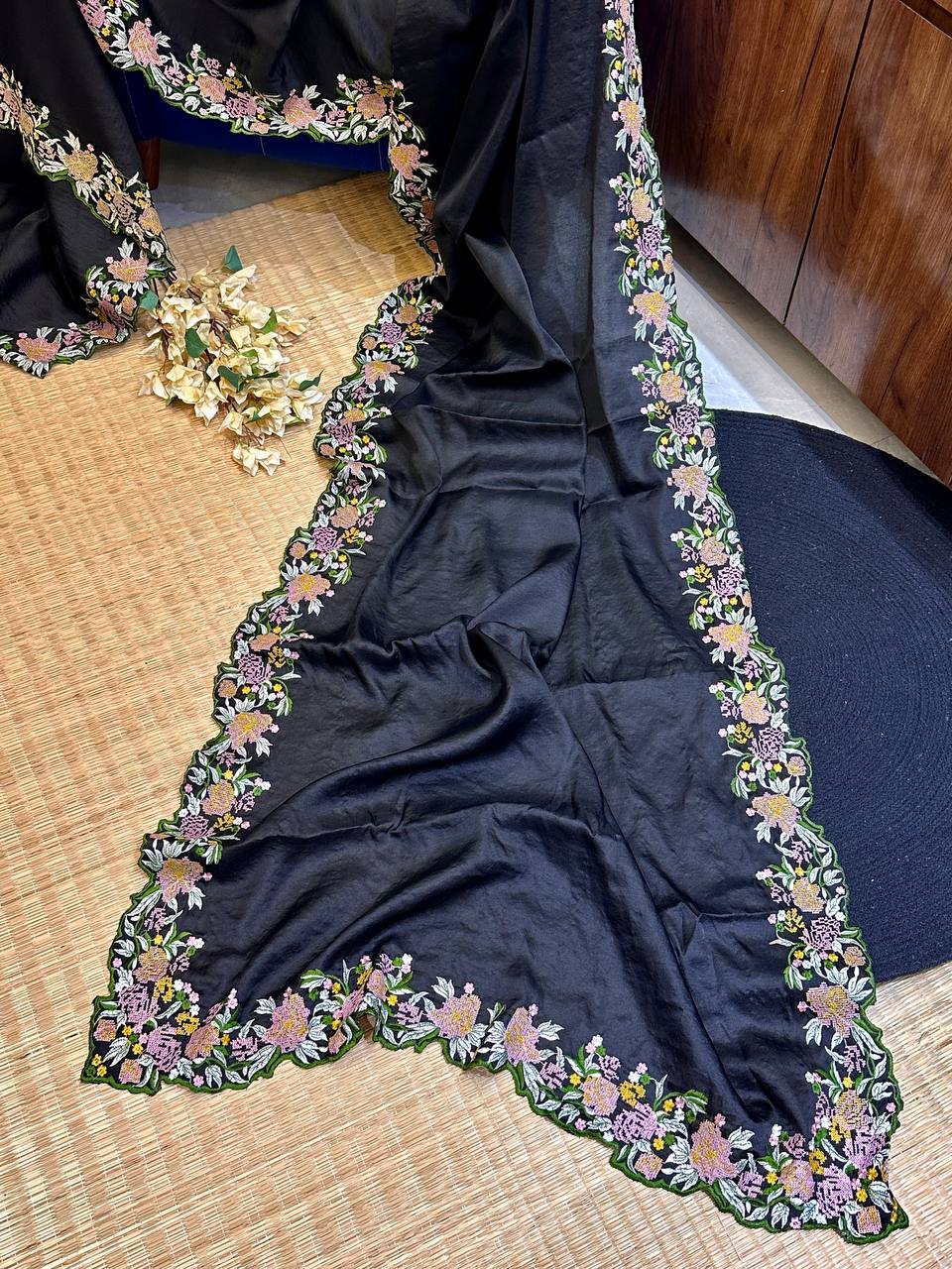 Hand-Embroidered Deep-BlackPure Tussar Silk Saree with Blouse
