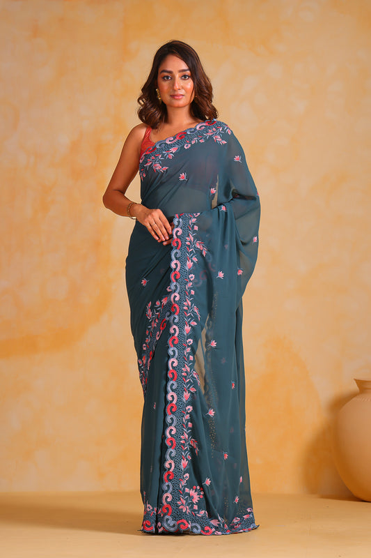 Hand-Embroidered Blue Georgette-Silk Saree with Blouse