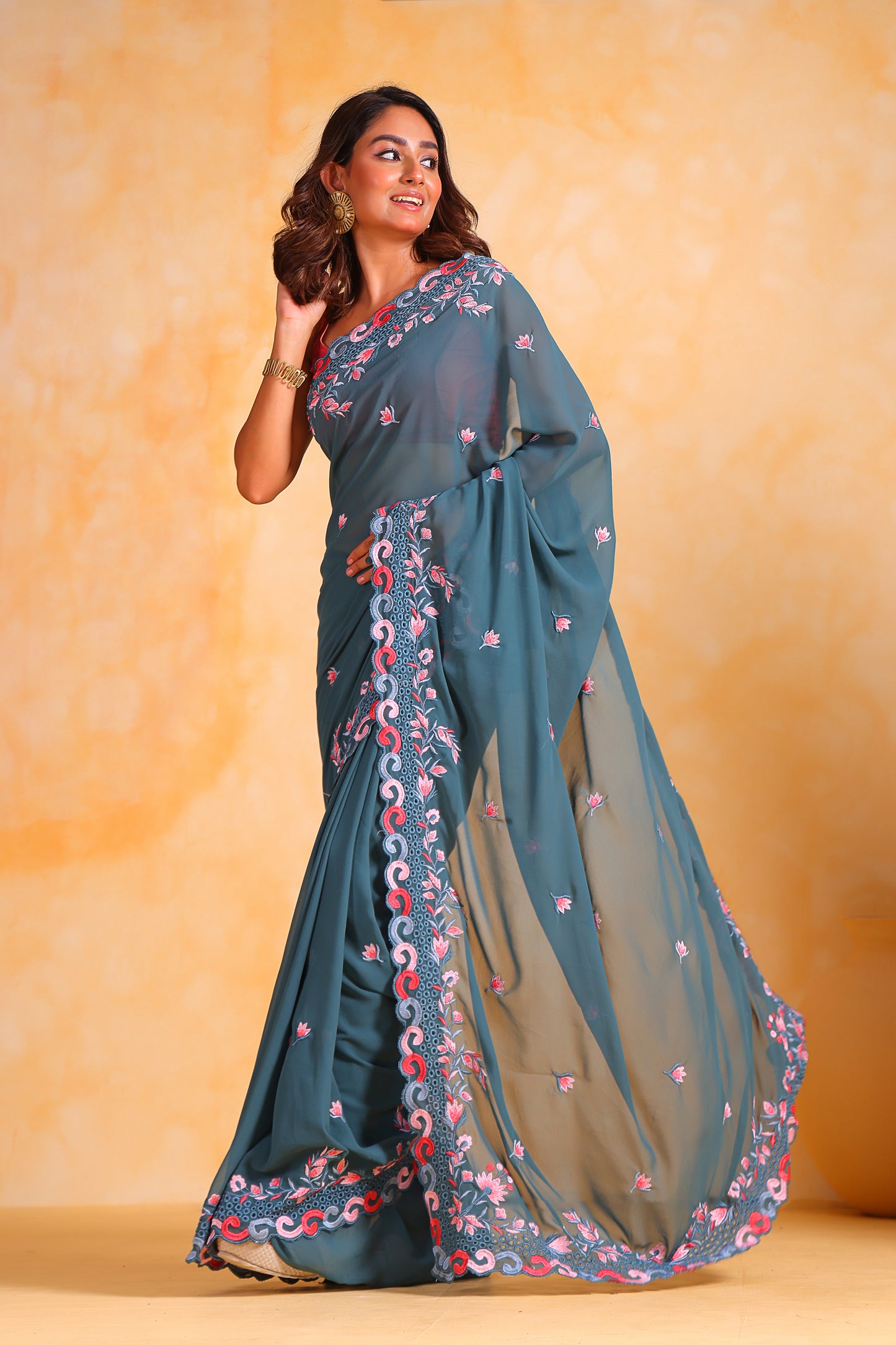 Hand-Embroidered Blue Georgette-Silk Saree with Blouse