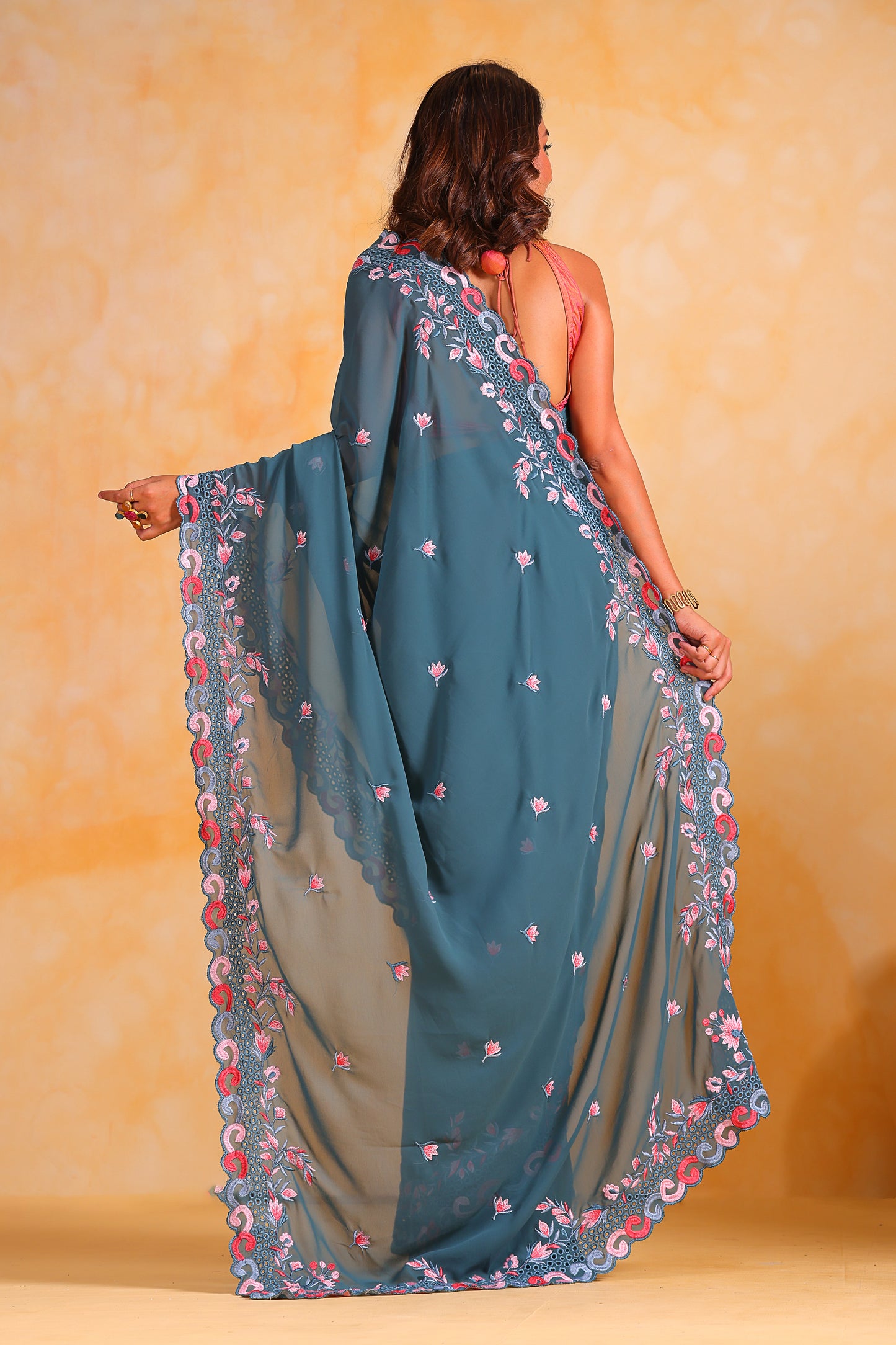 Hand-Embroidered Blue Georgette-Silk Saree with Blouse