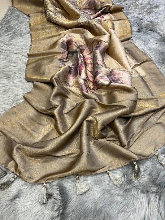 Handloom Rich-Brown-Golden Soft Banarasi Saree with Royal Tassels comes with Blouse