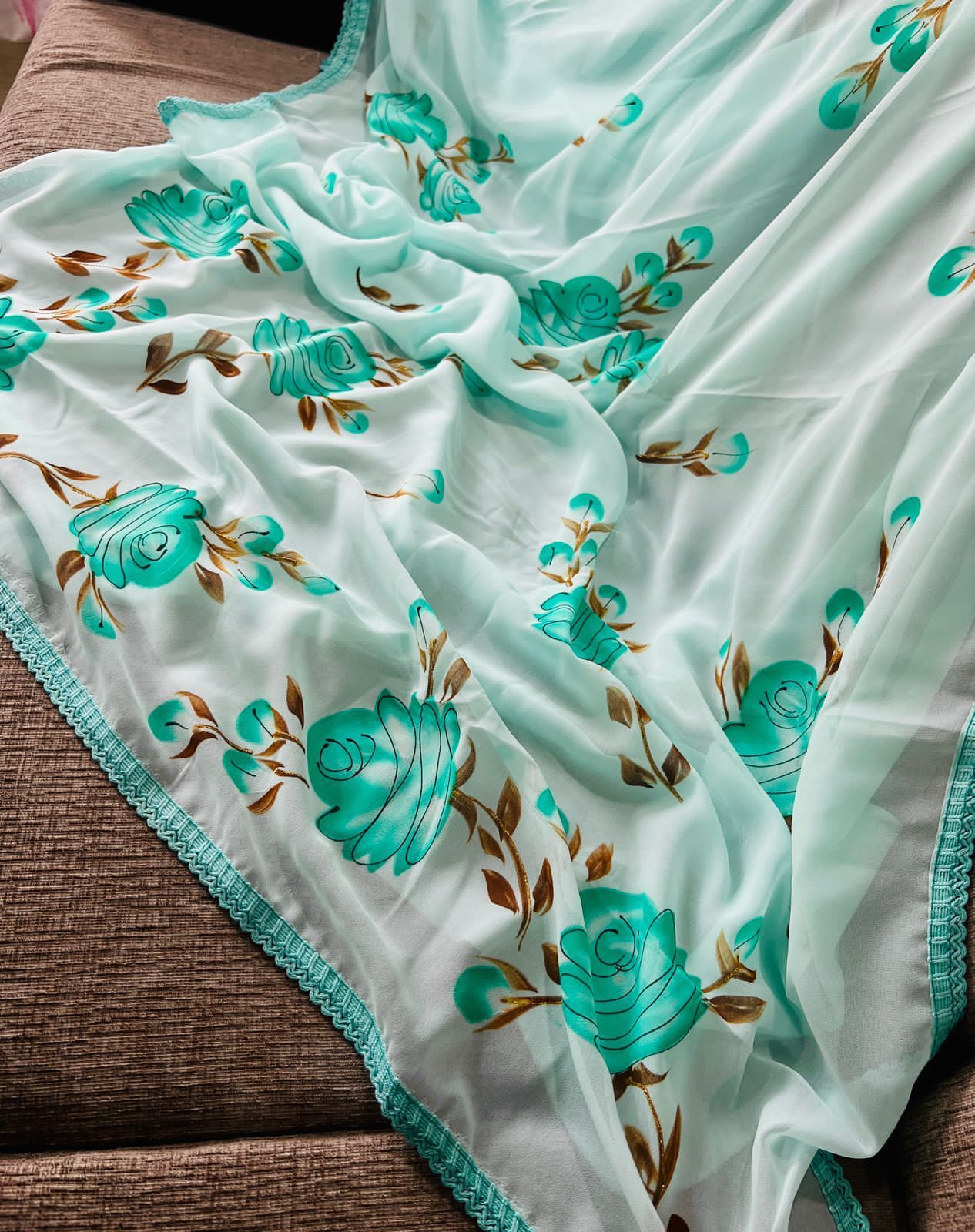 Hand-Embroidered Calming-Blue Chikankari & Golden Zari work Saree with Blouse