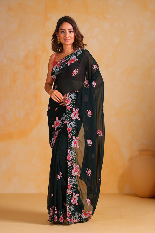 Hand-Embroidered  Beetle-Green Georgette-Silk saree with Blouse
