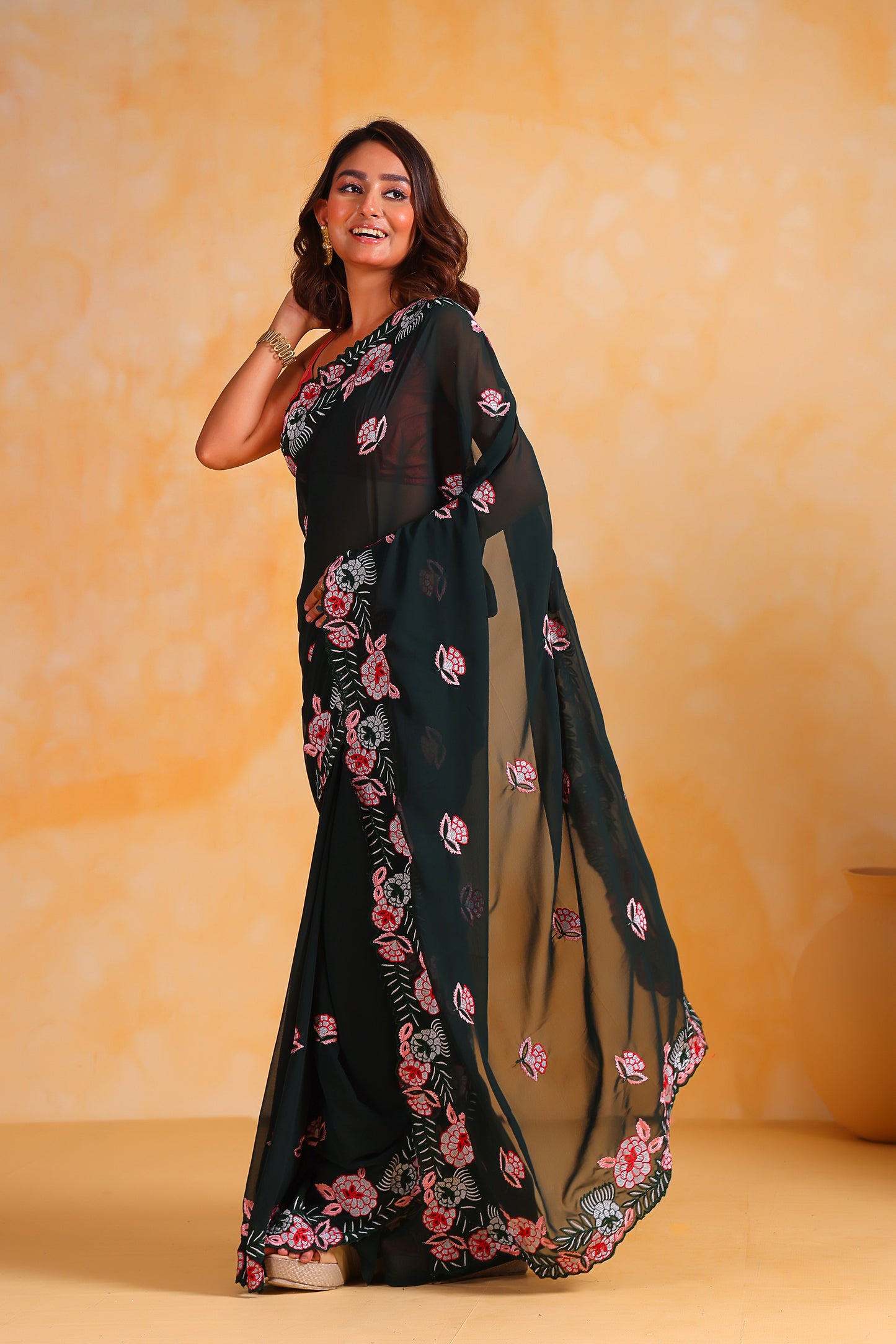 Hand-Embroidered  Beetle-Green Georgette-Silk saree with Blouse