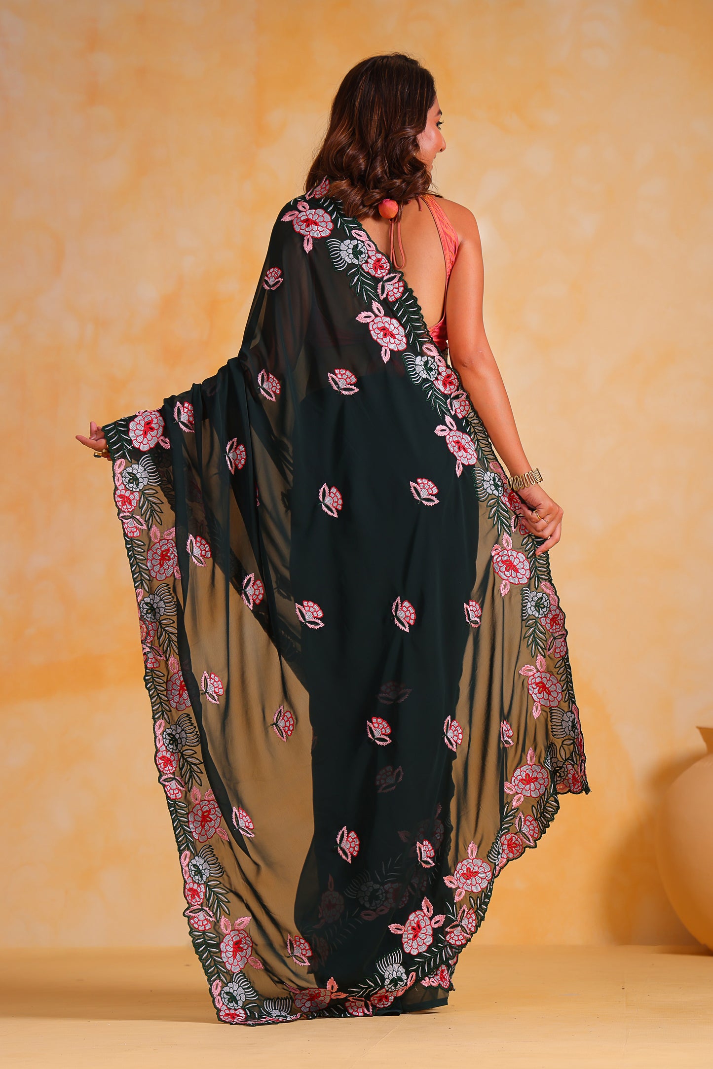 Hand-Embroidered  Beetle-Green Georgette-Silk saree with Blouse