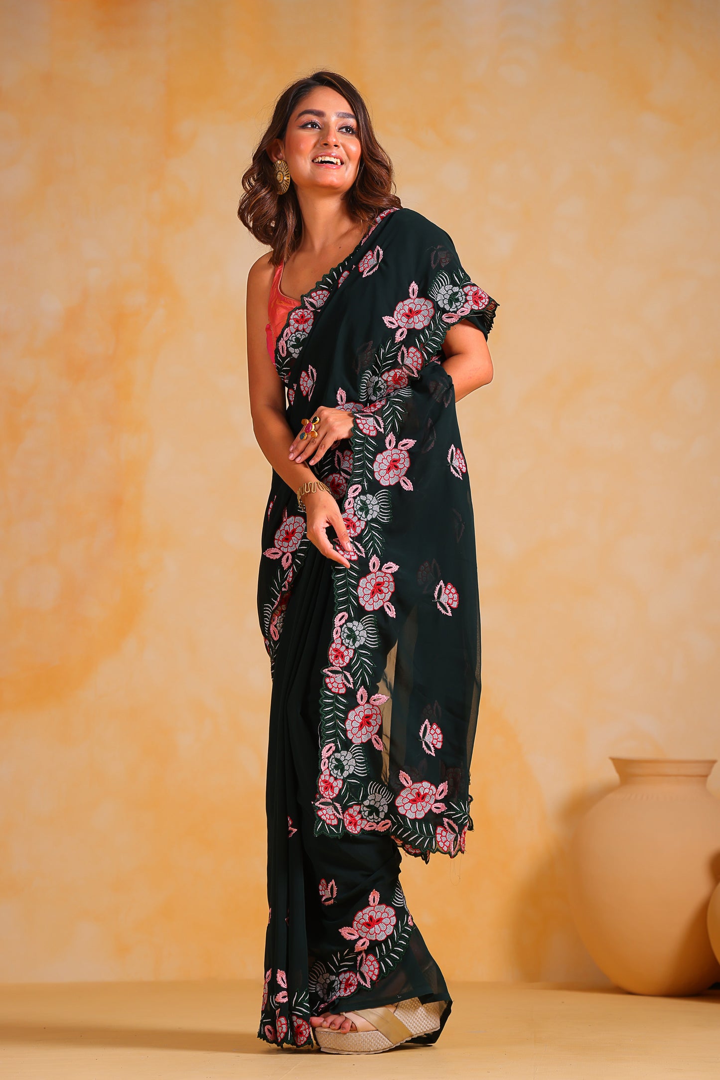 Hand-Embroidered  Beetle-Green Georgette-Silk saree with Blouse