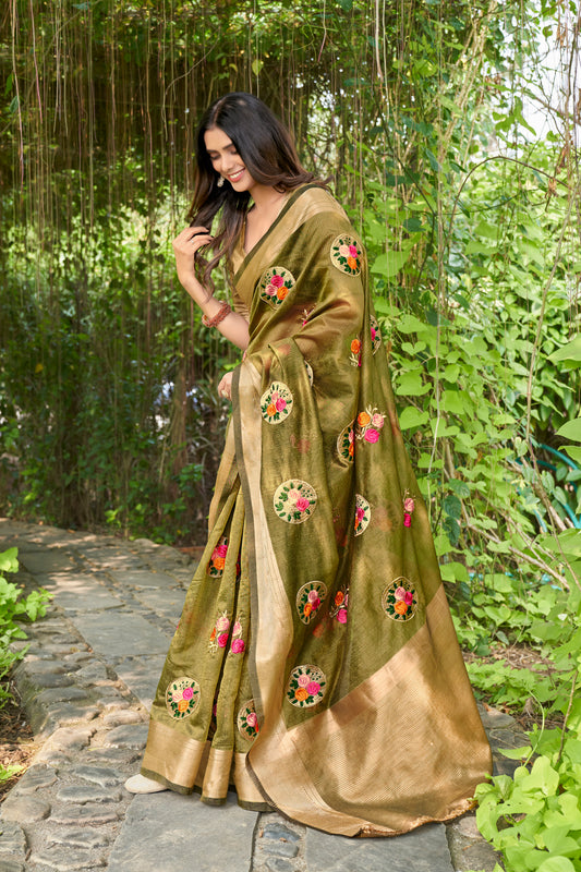 Hand Emboidered Mehendi-Green Pure Cotton-Silk saree with Zari Border paired with Blouse