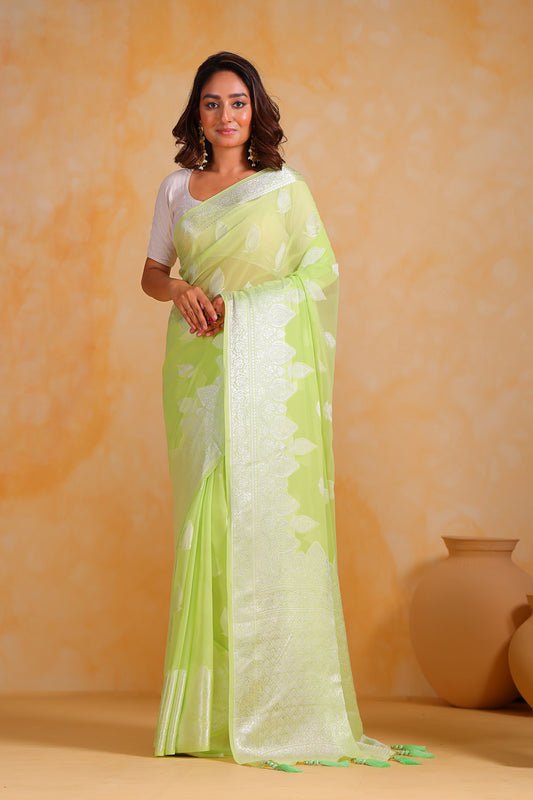 Hand-Woven Mint-Green Pure Georgette-Silk Saree with Tassels and Heavy Blouse