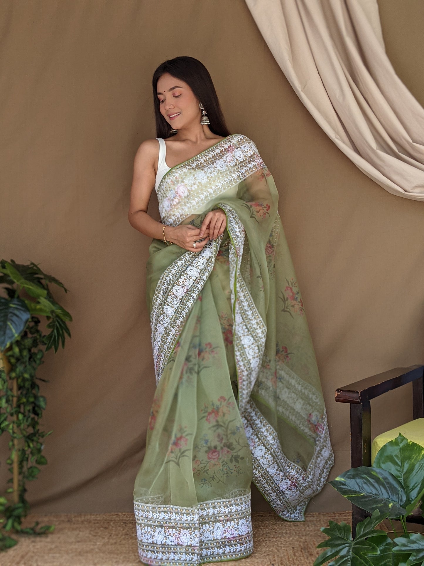 Hand-Embroidered & Digital Printed Pista-Green Pure Organza Saree with Blouse