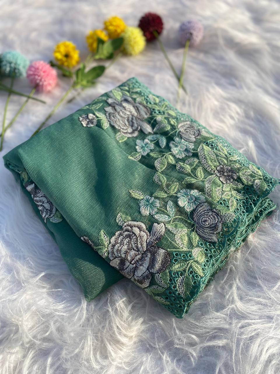 Hand Embroidered Forest-Green Pure Crushed-Chiffon Saree in Cut-Work paired with Blouse
