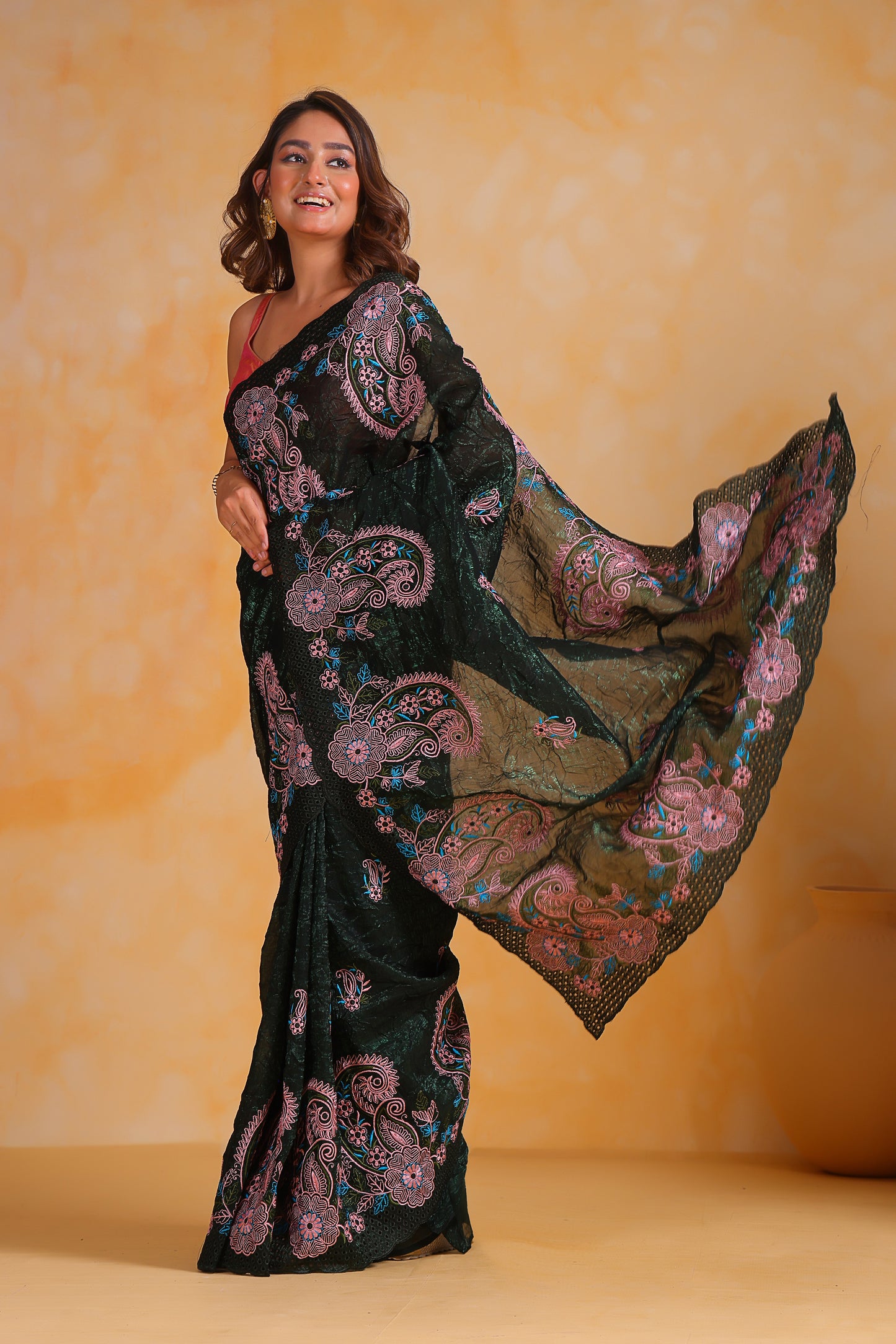 Pure Korean Crushed Shimmer-Silk Beetle-Green saree with Blouse