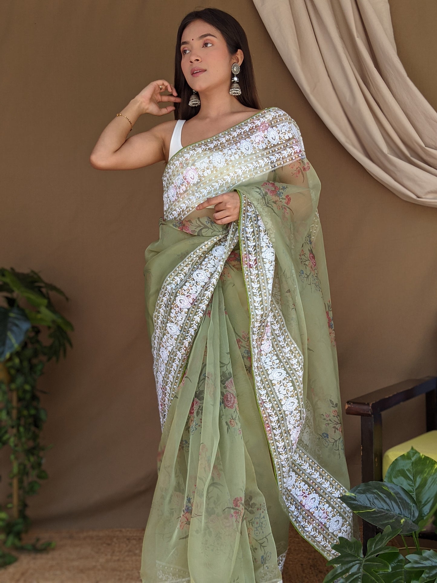 Hand-Embroidered & Digital Printed Pista-Green Pure Organza Saree with Blouse