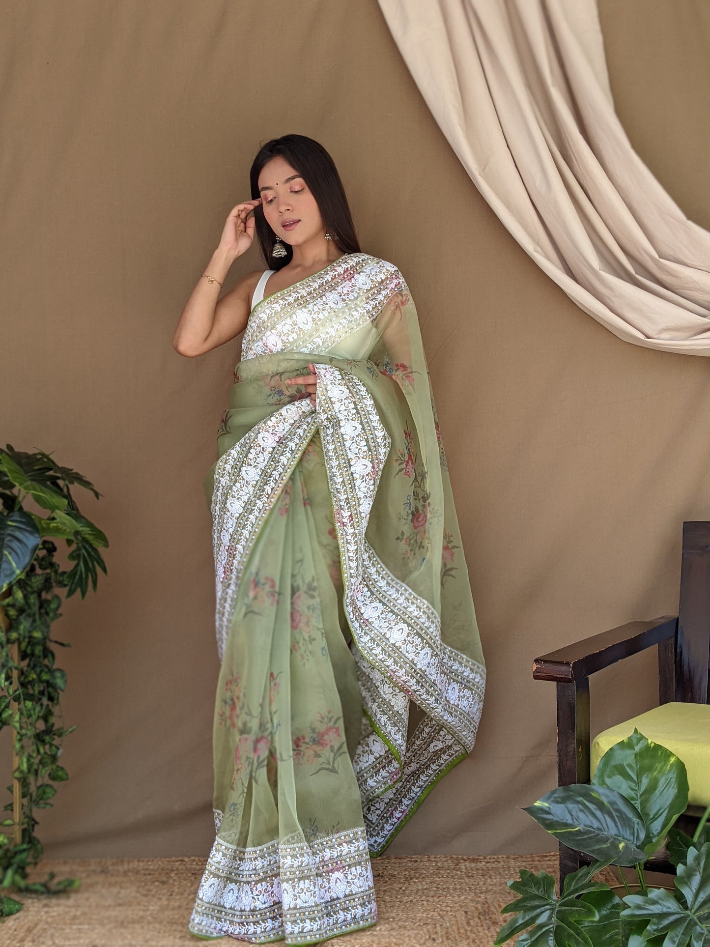 Hand-Embroidered & Digital Printed Pista-Green Pure Organza Saree with Blouse
