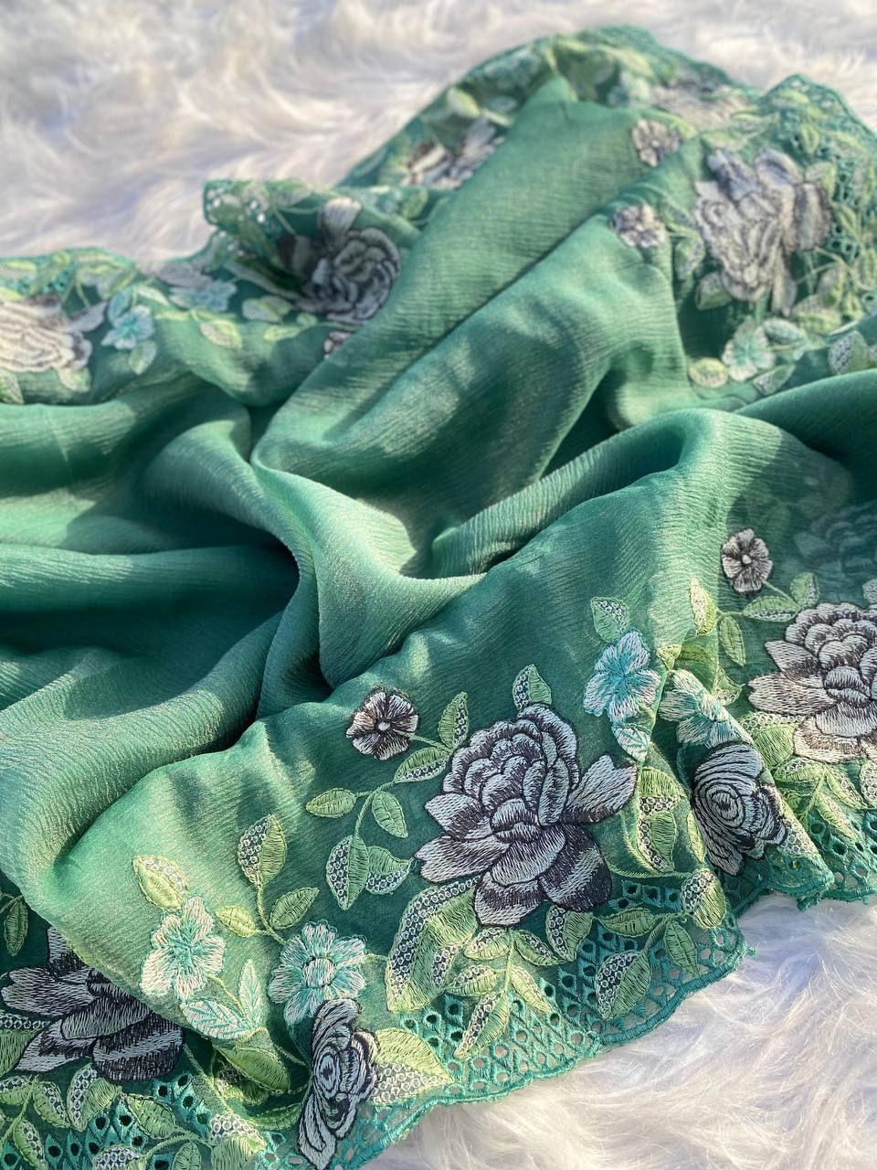 Hand Embroidered Forest-Green Pure Crushed-Chiffon Saree in Cut-Work paired with Blouse
